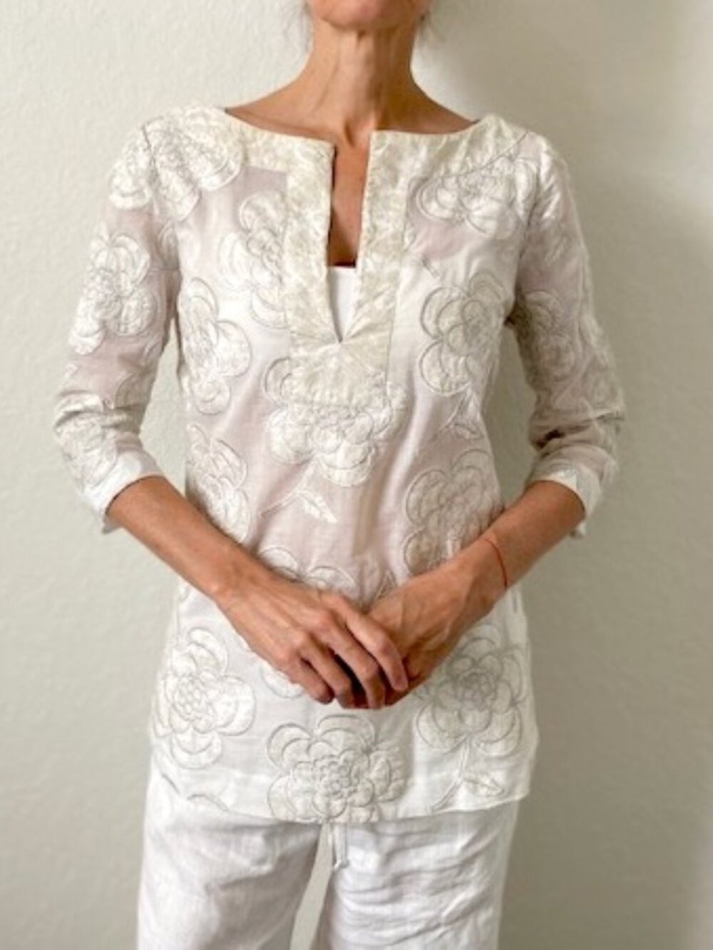 Tory Burch Silver Metallic Embellished Boho Chic Tunic Top Size 4